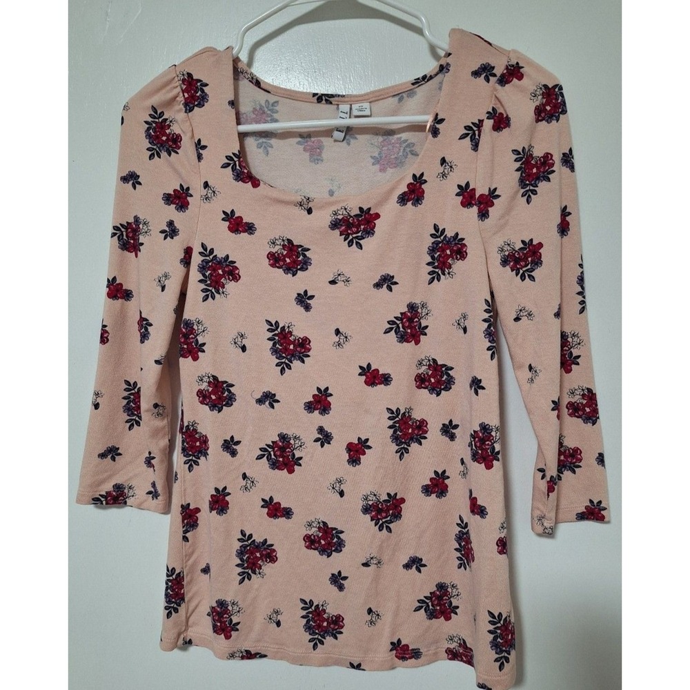 ELLE Flora Scoop Neck Top XS Pink 3/4 Sleeve Pleated Shoulder Knit Blouse